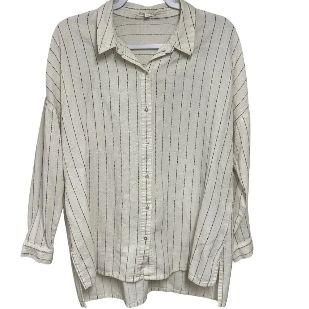 Eileen Fisher Striped Gauze Boxy Lagenlook Button Down Blouse Tunic Womens S/M - Picture 2 of 6